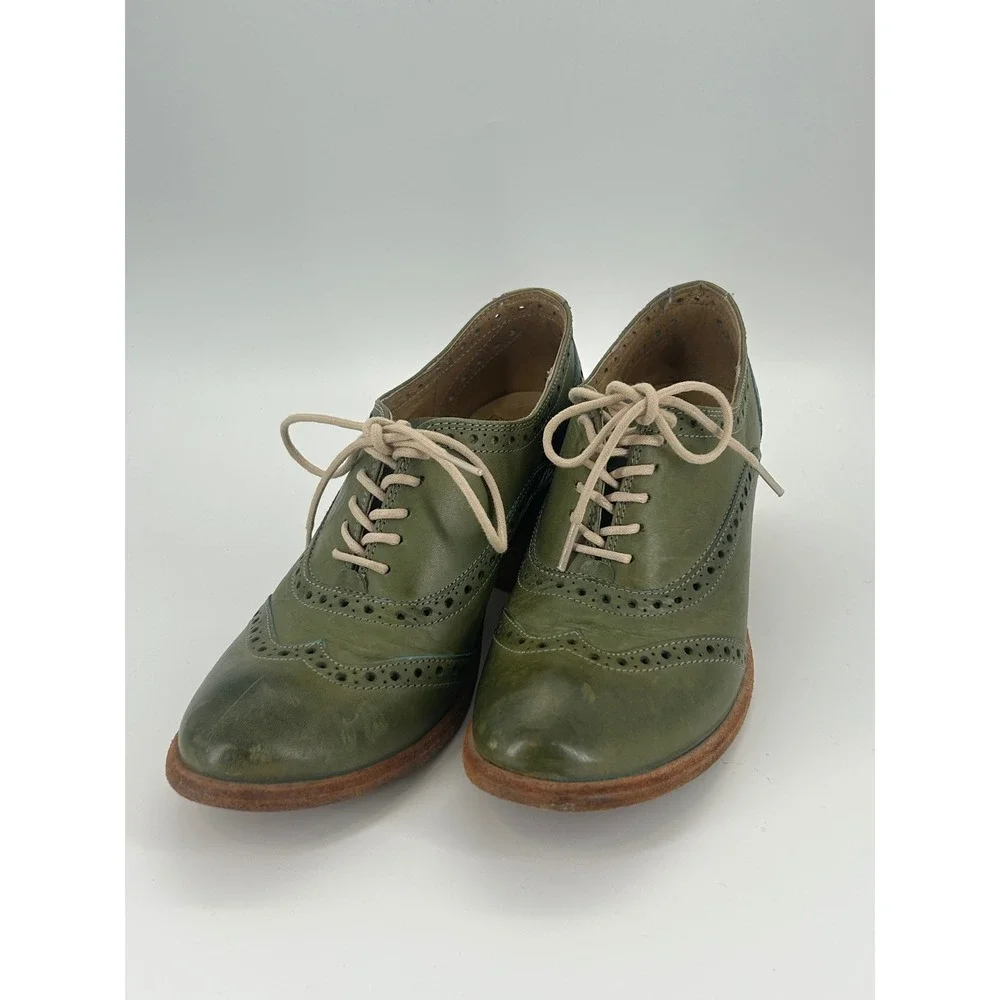 Frye Olive Green Leather Wingtip Oxford Heels Lace Up Shoes Women's 7.5 B